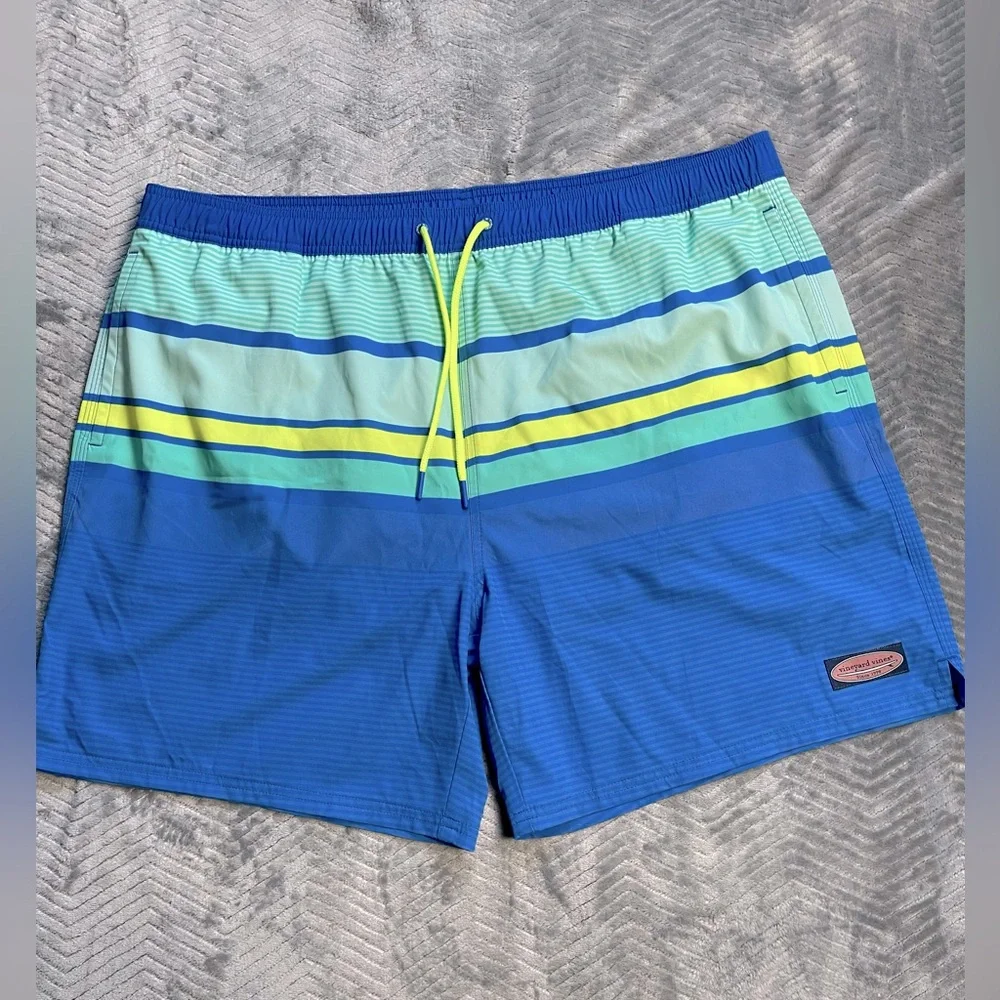 Vineyard Vines Printed Stripe Chappy Swim Trunks Blue Green Yellow 2XL